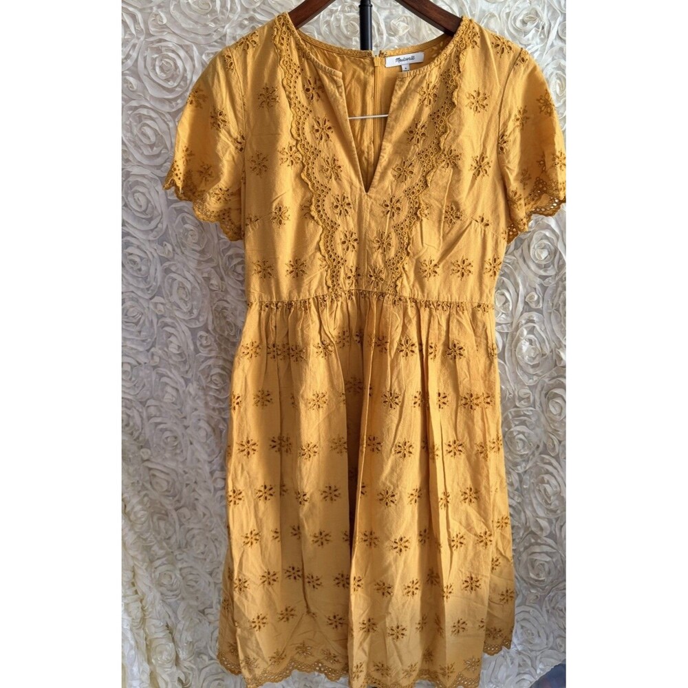 Madewell Scalloped Eyelet Midi Dress Mustard Yellow V-Neck Size 8 Made in India - Picture 1 of 8
